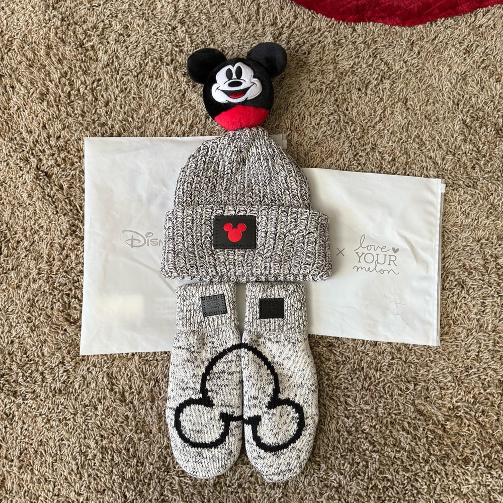 Love Your Melon Mickey Mouse Gray and Red Hat and Mittens